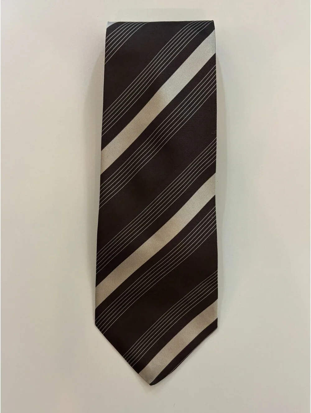Ralph Lauren Purple Label Silk Necktie Brown Silver Striped England Hand Made